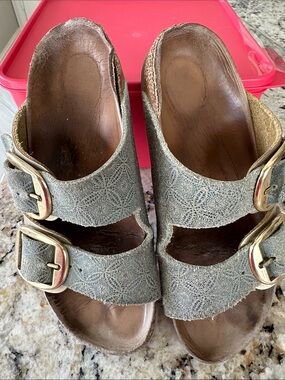 Birkenstock Distressed Sage Double-Buckle Clogs with Gold Buckles